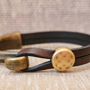 Leather + antique brass half bracelet, unisex black wrap bracelet, brass hook wrap bracelet, rustic brass bracelet, wife girlfriend gift