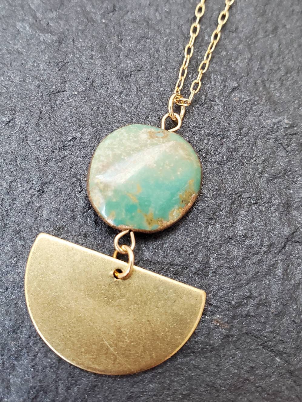 Turquoise Stone + Raw Brass Necklace; Round Turquoise Stone Necklace; Dainty Brass Crescent Half Moon Necklace; Real Genuine Turquoise