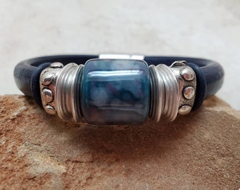 Navy blue thick leather bracelet, ceramic bead with blue leather bracelet, silver + leather beaded slider bracelet, stacking bracelet