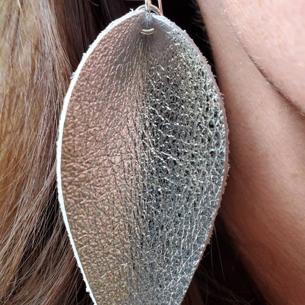 Large metallic leather leaf earrings, silver pinched shiny leather leaf earrings, inverted teardrop lightweight oil diffuser leaf earrings