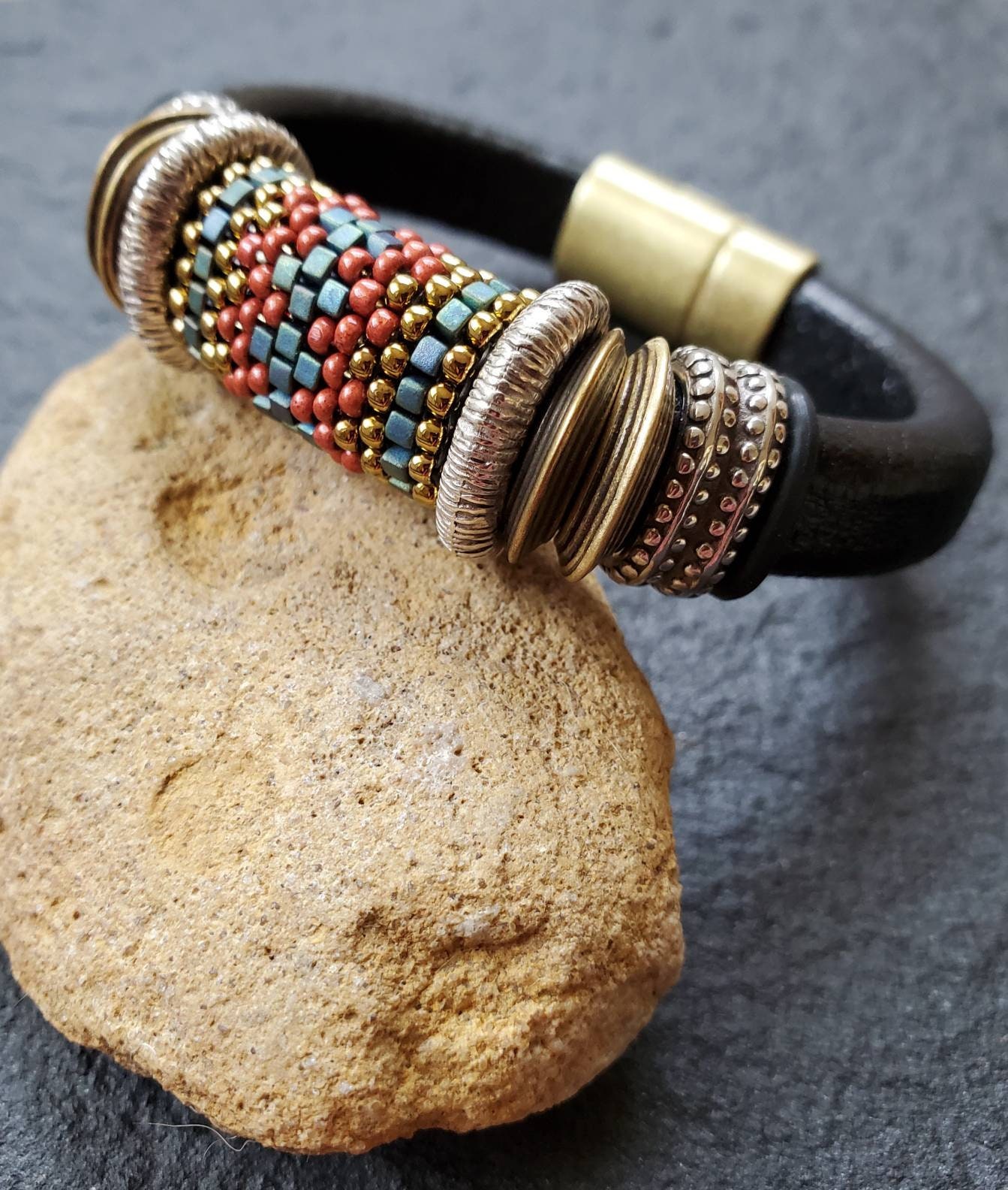 Black Thick Leather Bracelet Stripe Peyote Stitch Bead Etsy