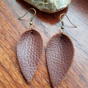 Petite small brown leather leaf earrings, leather teardrop petal earrings, leather girl wife gift; real leather oil diffuser earrings