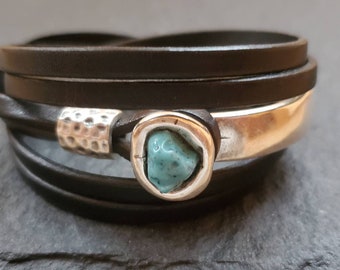 Turquoise + silver with black leather wrap bracelet, uno de 50 turquoise zamak wrap half cuff, unisex turquoise slider focal bead bracelet