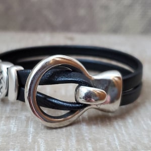 silver celtic + black leather hook wrap bracelet, celtic knot charm bracelet, unisex irish pride black leather wrap bracelet,  leather gift