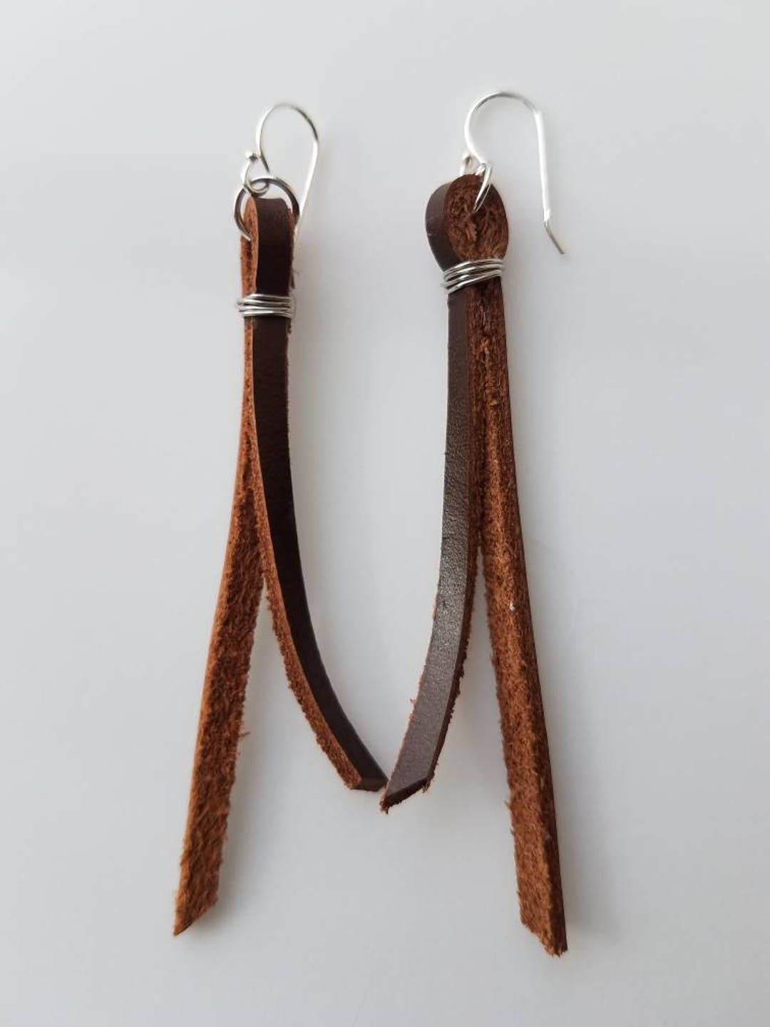 Leather Strip Earrings Leather Drop Earrings Brown Leather Etsy