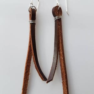 Leather strip earrings, leather drop earrings, brown leather earrings, thin leather earrings; light weight earrings; genuine real leather