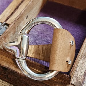 silver snaffle eggutt bit statement cuff bracelet; brown camel leather bracelet; bracelet jewelry for horse lovers; equine leather bracelet