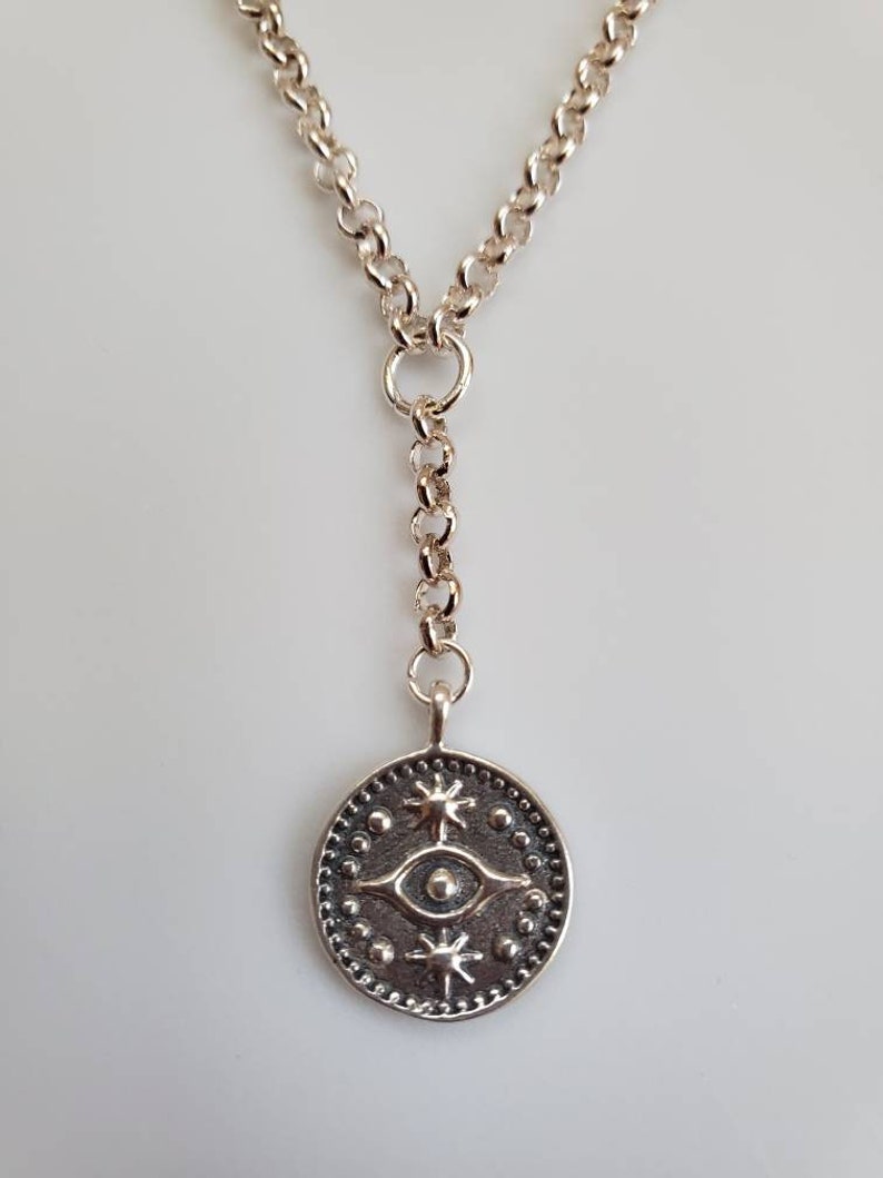 Silver lariat chain win evil eye coin pendant; evil eye silver necklace; silver lariat necklace evil eye charm necklace; silver evil eye pen