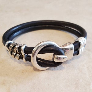 masculine black round leather hook wrap bracelet, black leather + silver mens bracelet, man leather bracelet jewelry, boyfriend husband gift