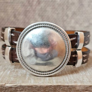 Sterling silver bracelets, mens unisex beaded bracelets, silver bracelet, brown stitched leather bracelet, sterling silver disc bracelet