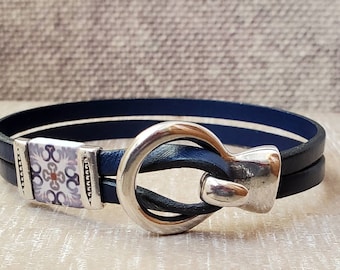 blue leather bracelet, leather + silver, unisex leather bracelet, hook wrap leather bracelet, Uno de 50 style, leather bracelet gift