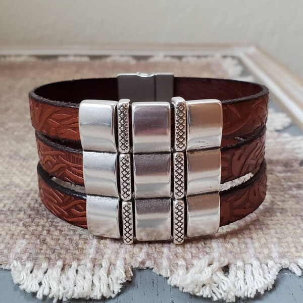 embossed floral real genuine leather cuff; girls womens silver wide leather bracelet; leather wrap stacking bracelet; multistrand jewelry