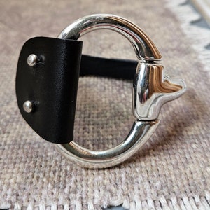 silver snaffle eggutt bit statement cuff bracelet; black leather bracelet; bracelet jewelry for horse lovers; equine leather bracelet