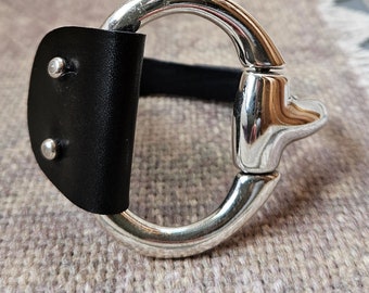 silver snaffle eggutt bit statement cuff bracelet; black leather bracelet; bracelet jewelry for horse lovers; equine leather bracelet