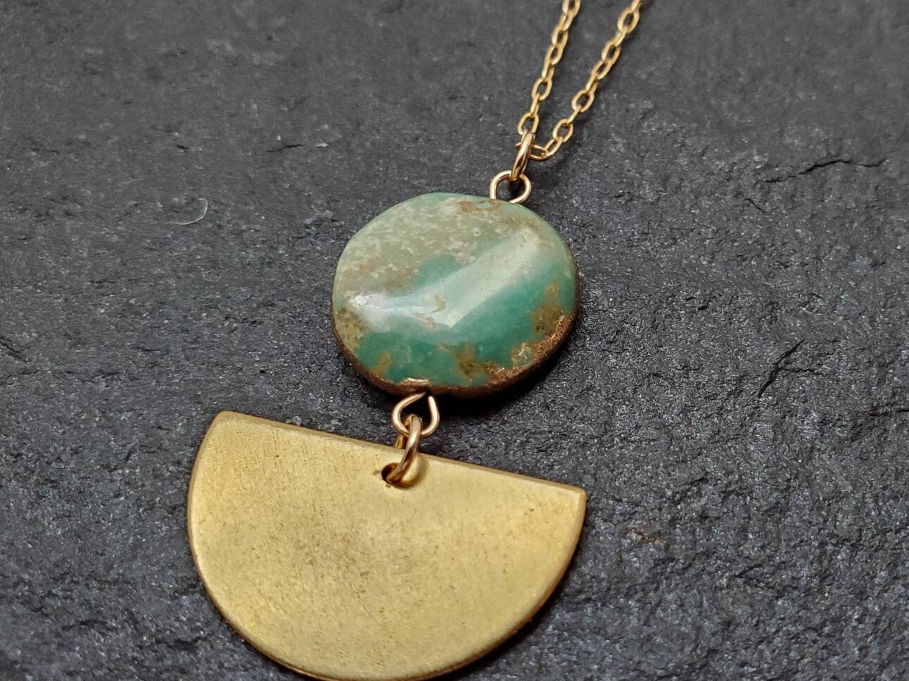 Turquoise Stone + Raw Brass Necklace; Round Turquoise Stone Necklace; Dainty Brass Crescent Half Moon Necklace; Real Genuine Turquoise