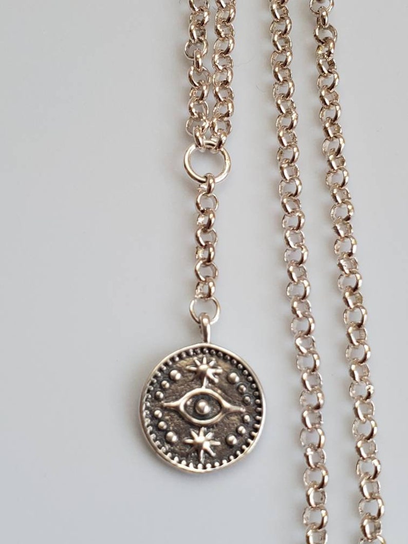 Silver lariat chain win evil eye coin pendant; evil eye silver necklace; silver lariat necklace evil eye charm necklace; silver evil eye pen