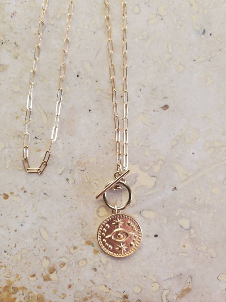 Delicate Dainty 14k Gold Toggle Necklace With Evil Eye Charm Etsy