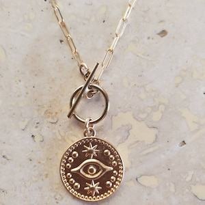 Delicate dainty 14k gold toggle necklace with evil eye charm pendant, drawn chain stacking toggle necklace, gold evil eye pendant necklace