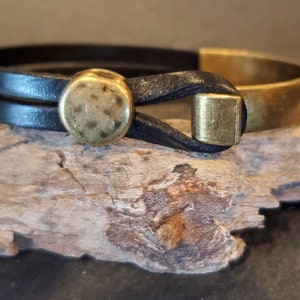 Leather + antique brass half bracelet, unisex black wrap bracelet, brass hook wrap bracelet, rustic brass bracelet, wife girlfriend gift