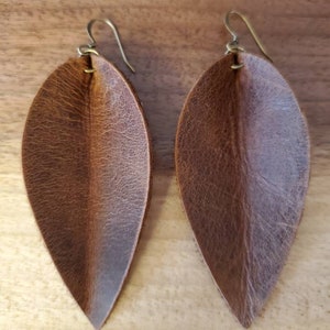 distressed brown leather leaf earrings,  rustic leather feather earrings, essential oil earrings, rustic inverted petal leather earrings