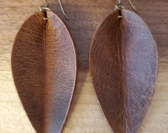 distressed brown leather leaf earrings,  rustic leather feather earrings, essential oil earrings, rustic inverted petal leather earrings