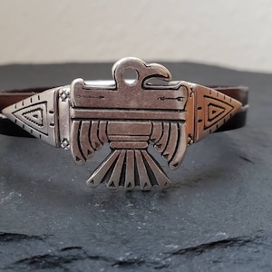 silver thunderbird with brown black genuine leather, country western cowboy cowgirl bracelet, southwestern boho style eagle bird bracelet