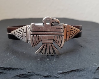 silver thunderbird with brown black genuine leather, country western cowboy cowgirl bracelet, southwestern boho style eagle bird bracelet