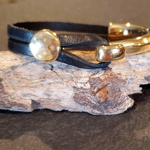Leather + gold half bracelet, unisex black wrap bracelet, gold hook wrap bracelet, simple leather jewelry, wife girlfriend boyfriend gift