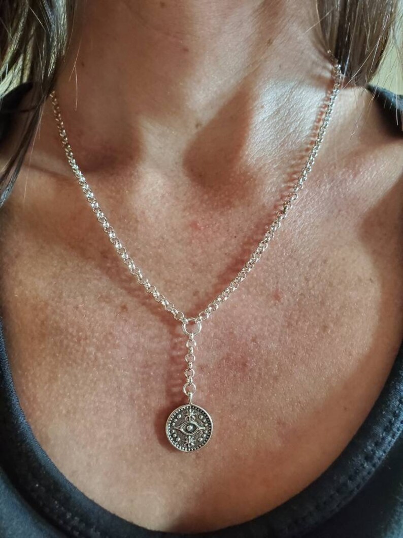 Silver lariat chain win evil eye coin pendant; evil eye silver necklace; silver lariat necklace evil eye charm necklace; silver evil eye pen