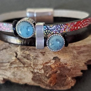 black + multicolor leather bracelet, turquoise accent beads, two strand thin leather bracelet, hypoallergenic sterling silver focal beads