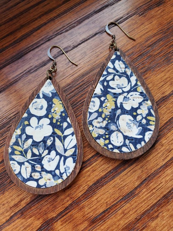Wood Navy Floral Leather Teardrop Earrings, Floral Leather