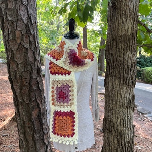 Handmade crochet granny square scarf. Beautiful handmade crochet scarf. long crochet scarf. pom pom border.