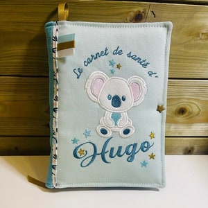 Protector de libro de salud personalizado - nombre - modelo koala, menta y esmeralda - selva, sabana, espíritu safari - regalo de bebé hecho a mano