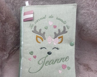 Protège carnet de santé personnalisé avec prénom, biche, bichette, thème animaux de la forêt, fabrication française couleur au choix