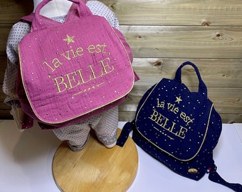 Sac à dos enfant personnalisé disponible, crèche, école, maternelle, 0-3 ans, double gaze, bleu marine ou framboise, fait main en France