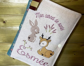 Protège carnet de santé, animaux de la forêt, biche, lapin, personnalisable, avec prénom, molletonné, fermeture par pression, cadeau bébé