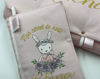 Health book protector, personalized, with first name, little rabbit model, pressure closure, fleece, watercolor rabbit spirit