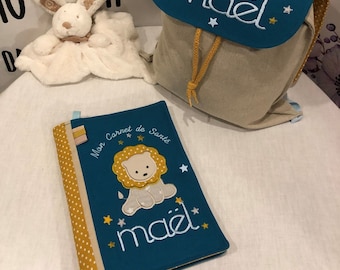 Protège carnet de santé, personnalisable, avec prénom, modèle petit lion, molletonné, fermeture par pression, cadeau bébé