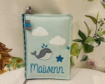 Health book cover, customizable, first name, sea spirit model, whale, mint. fleece, snap closure, baby