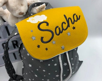 Personalised children's school backpack with first name star pattern silver size 2/3 years gray and mustard