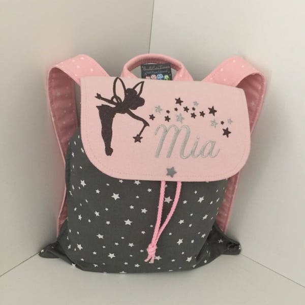 Sac à dos enfant personnalisé (prénom, motif) taille 2/3 ans motif fée gris et rose