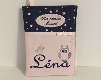 Personalizable health book protector with first name, fleece owl model