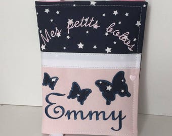 Personalizable health book protector with first name, fleece butterflies model