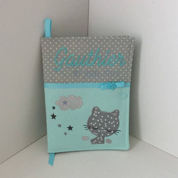 Personalizable health book protector with first name, cat model, pressure closure