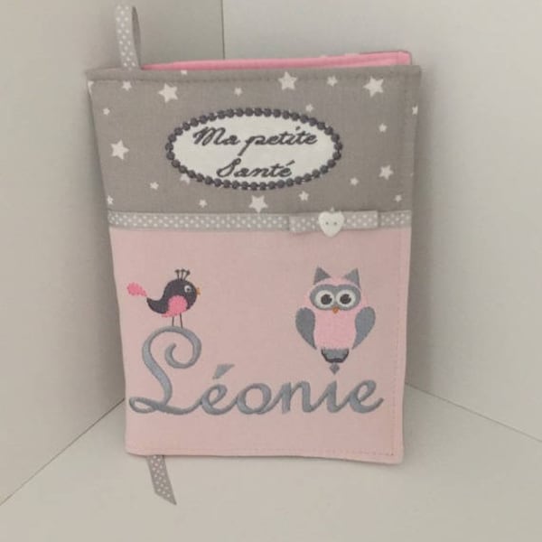 Personalizable health book protector with first name, owl model, snap closure