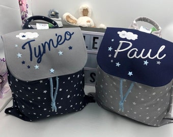 Children's backpack, baby, nursery, school, kindergarten, personalized, with first name, cloud and stars pattern, navy blue and gray