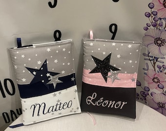 Health book protector, customizable, with first name, different colors, pressure closure, star pattern