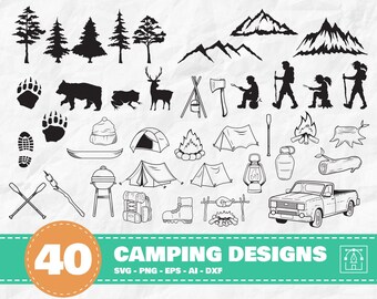 Pacote de design de acampamento 40 SVG, camping svg, silhueta de montanha svg, pacote de design para uso comercial, fogueira svg, png, ai, dxf, eps