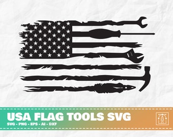 May include: A distressed American flag design with a wrench, screwdriver, and hammer superimposed over the stripes. The design is in black and white.