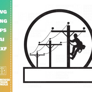 Könnte beinhalten: Schwarz-weiße Silhouette eines Linienarbeiters, der einen Strommast mit Stromleitungen hinaufklettert. Die Silhouette befindet sich in einem Kreis mit einem leeren rechteckigen Banner darunter.